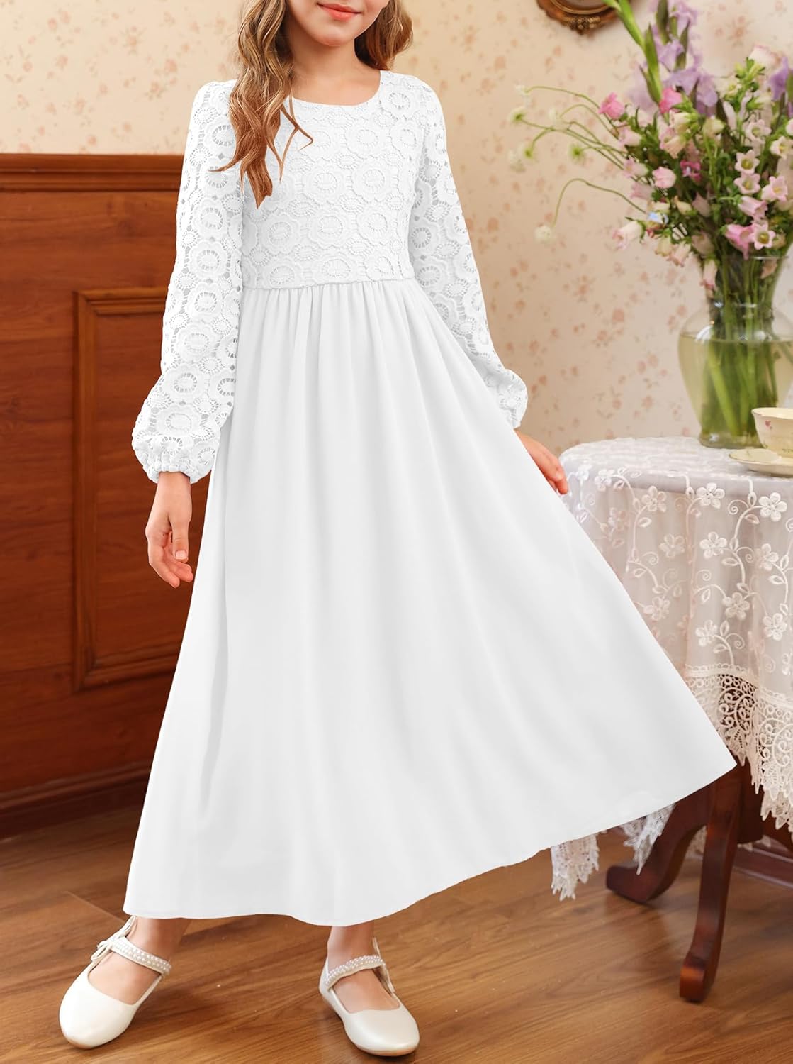 HOSIKA Girls Long Sleeve Maxi Dress Vintage Chiffon A-Line Formal Junior Bridesmaid Dresses for Fall Wedding Party