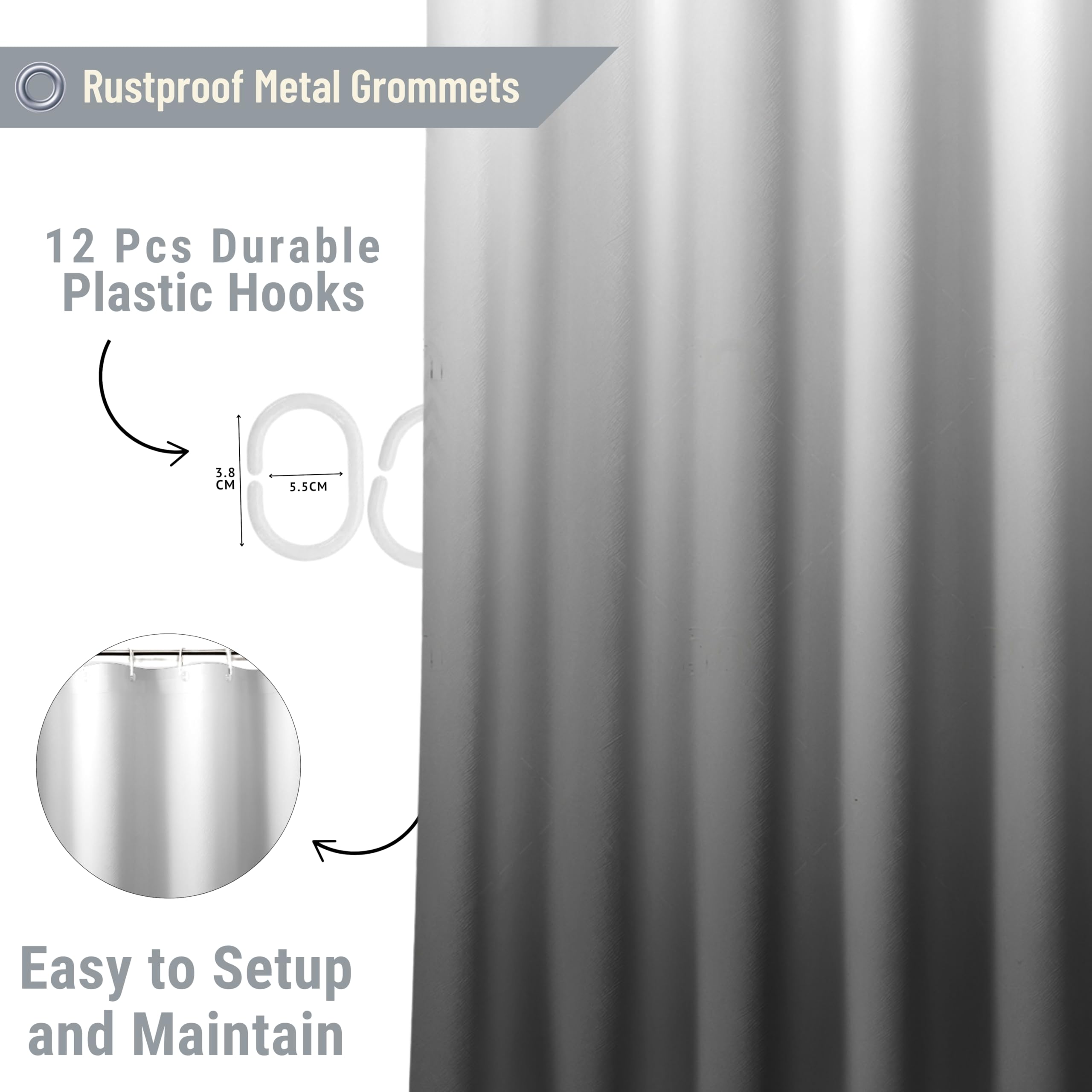 Luxury Shower Curtain - 6.5ft Polyester, 12 Hooks -5