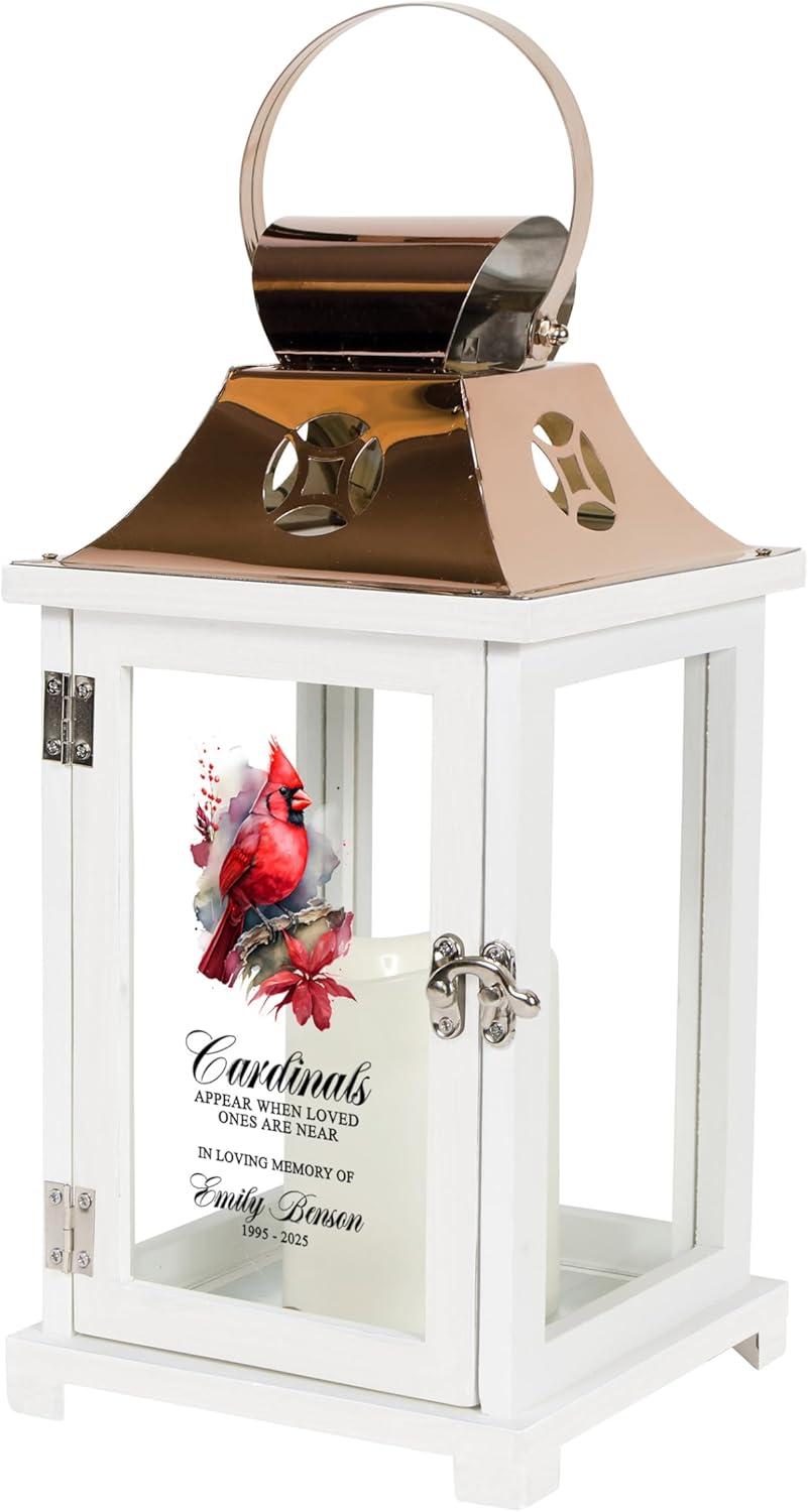 Memorial Lantern Personalized with Name and Dates, Cardinals Appear Memorial Gift, Bereavement Gifts, Funeral Gifts, Sympathy Gift for Loss of Loved One (White/Copper)