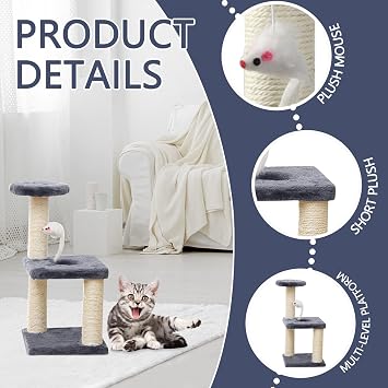 Small Cat Tree with Sisal Scratching Pole, Cat Toys for Indoor Cats, Cat Scratching Pole with Cat Interactive Toy, Easy Installation Cat Tower for Small Cats (Grey)