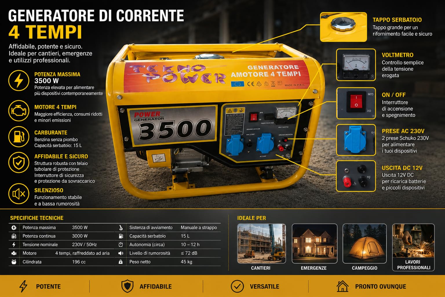Gruppo Elettrogeno Generatore di Corrente 3KW Motore 4 Tempi 15 Litri 6,5HP