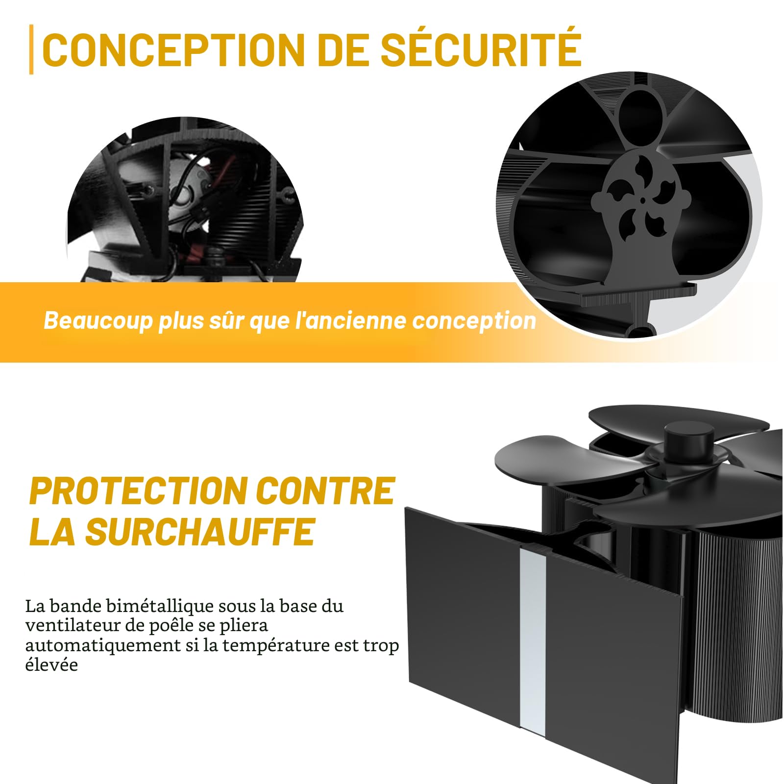 Ventilateur Poele à Bois, 4 Pales Ventilateur Cheminée Silencieux Alimenté Par la Chaleur pour Poêle à Bois/Cheminée/Gaz/Bûches de Poêle
