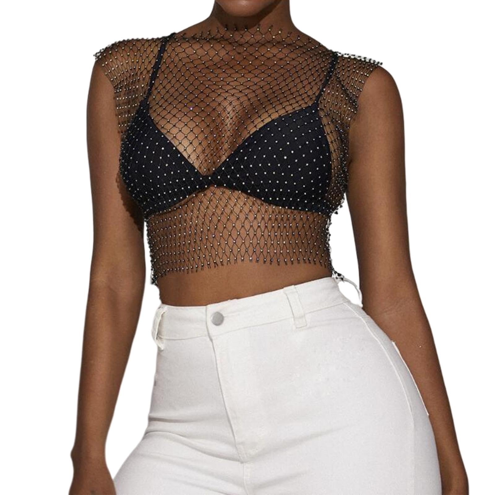 Enakshi Mesh Crop Sleeveless Hollow Out for Festival Rave Dance Summer Black Round Neck |Clothing, Shoes & Accessories | Womens Clothing | Tops & Blouses-image-48