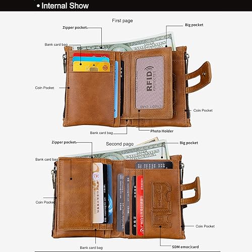 Miniatura 4 de Cartera de cuero genuino para hombres RFID bloqueo plegable con bolsillo para monedas, billetera de seguridad con cremallera, Marrón (Brown-01),