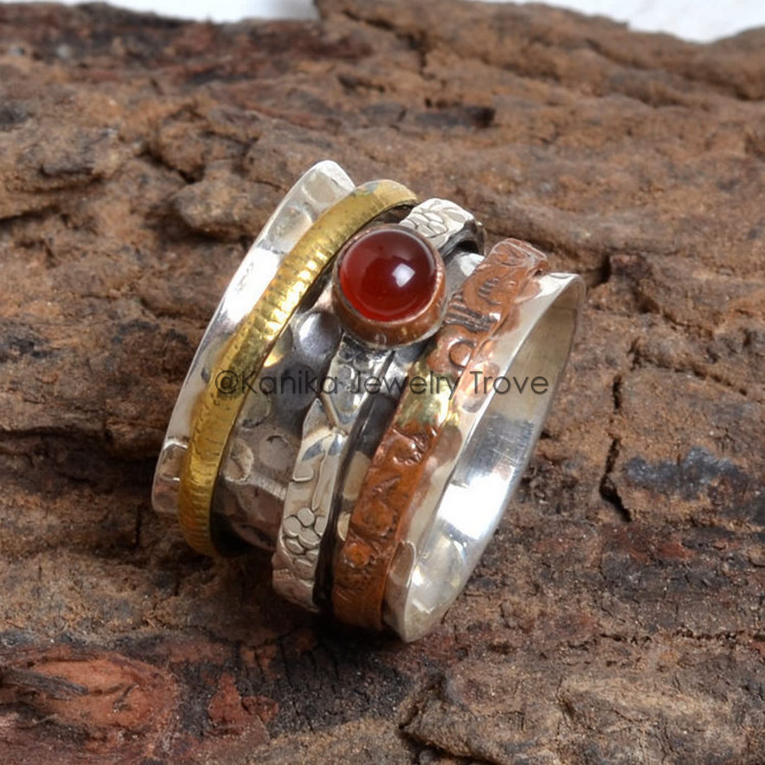 Red Onyx Anxiety Ring for Meditaion, Carnelian 925 Sterling Silver Band, Brass and Copper Spinner Ring for Women, Gift Ring for Mother's Day