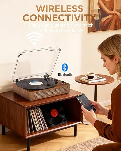 Miniatura 5 de Reproductor de discos de vinilo de tamaño extendido con reproducción Bluetooth, altavoces integrados, grabación USB, pantalla LED, tocadiscos de 3