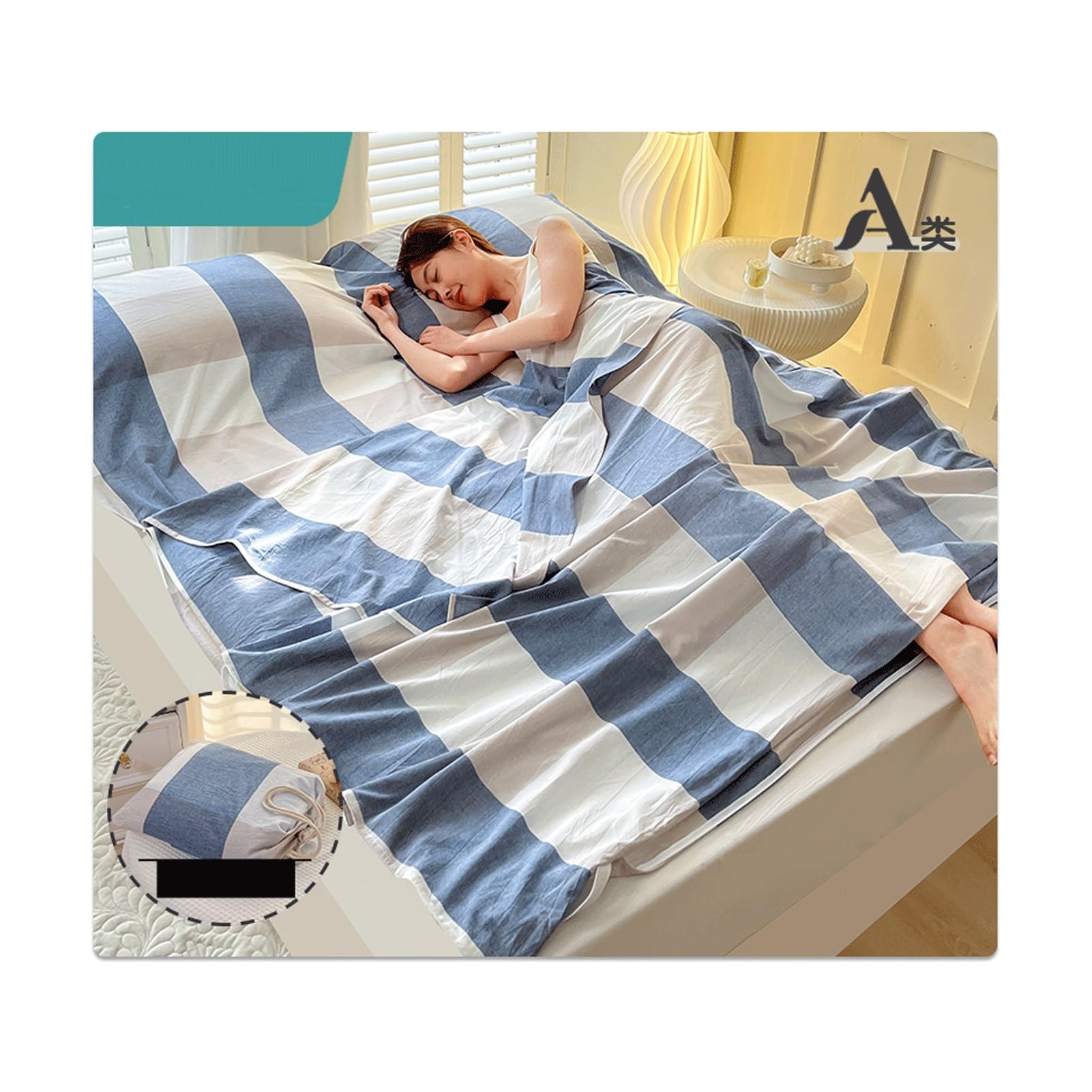 RUZGAR Sacco Lenzuolo Sacco a Pelo Capanna 100% Cotone Lavato Morbido e Confortevole Singolo Matrimoniale Lenzuola a Sacco da Viaggio Campeggio Sacco Letto(Blue E,80x210cm-31x82)