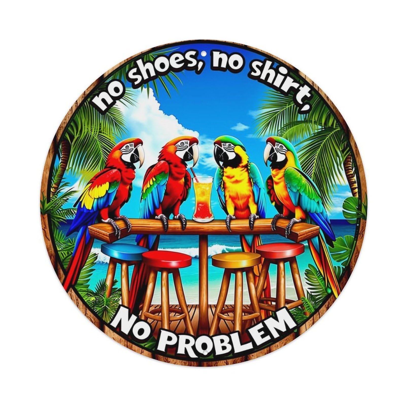 Parrots At Beach Bar Scene Vintage Metal Tin Sign Retro Wall Decor for Home Bar Garage Cafe, Indoor & Outdoor Decorative，circle Metal Poster, 8x8 Inch