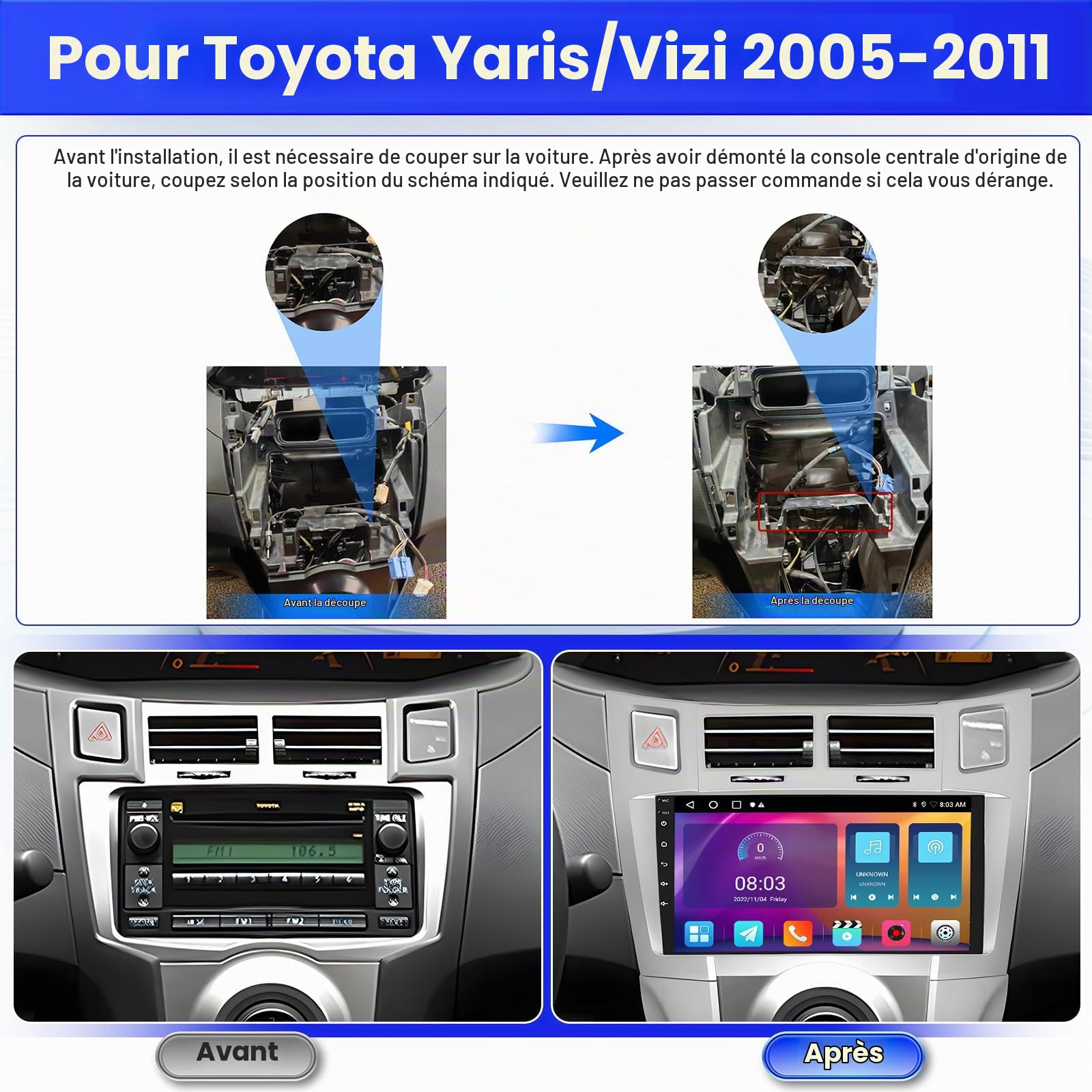 Inefala 2G+64G 9'' Autoradio Android 15 pour Toyota Yaris/Vizi 2005-2011