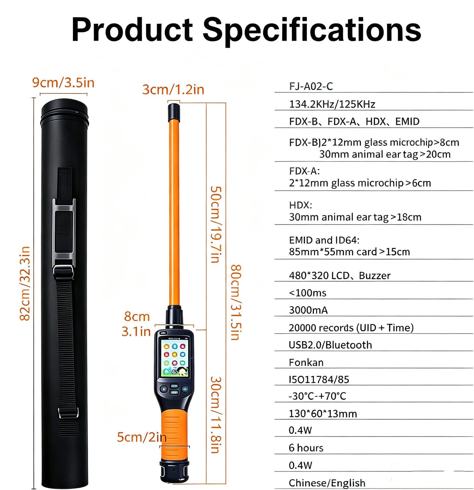Scanner Portatile per l'identificazione di Animali Domestici con 20000 Dati di Memoria - Schermo LCD di Facile Lettura, Lettore di Chip Universale a 134,2 kHz per Cani, Gatti e Conigli
