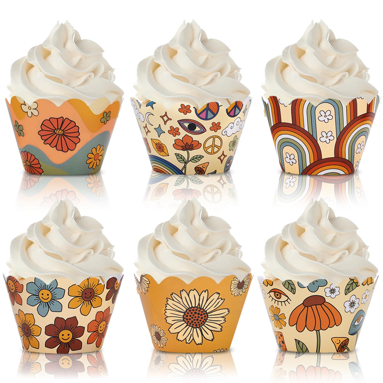 Caissettes à cupcakes motif floral arc-en-ciel pour décoration de gâteaux au style rétro