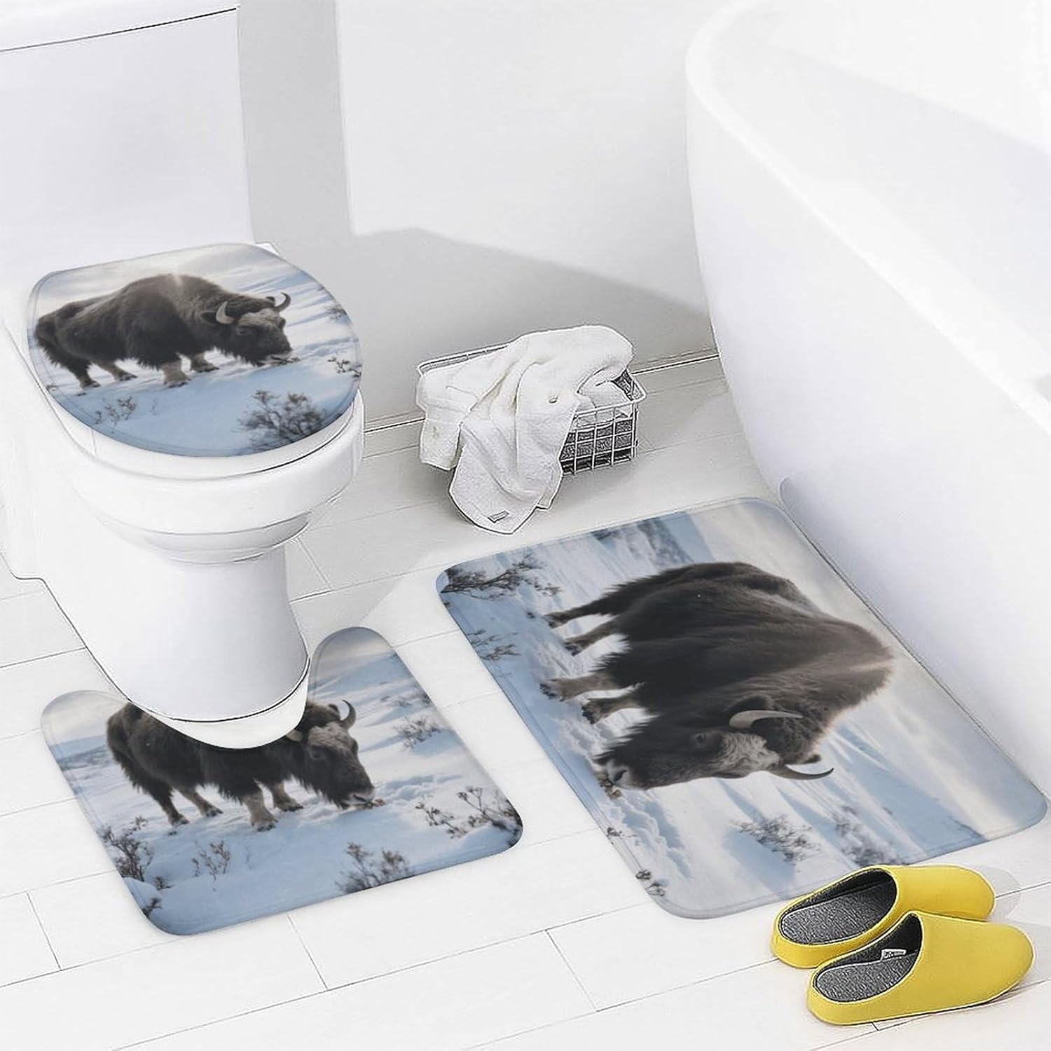 Consuming Cattle Shower Curtain Set 4 Piece, Non-Slip Bath Mat with Toilet Lid Cover and Waterproof Shower Curtain with 12 Hooks, Complete Bathroom Set for Home Decor