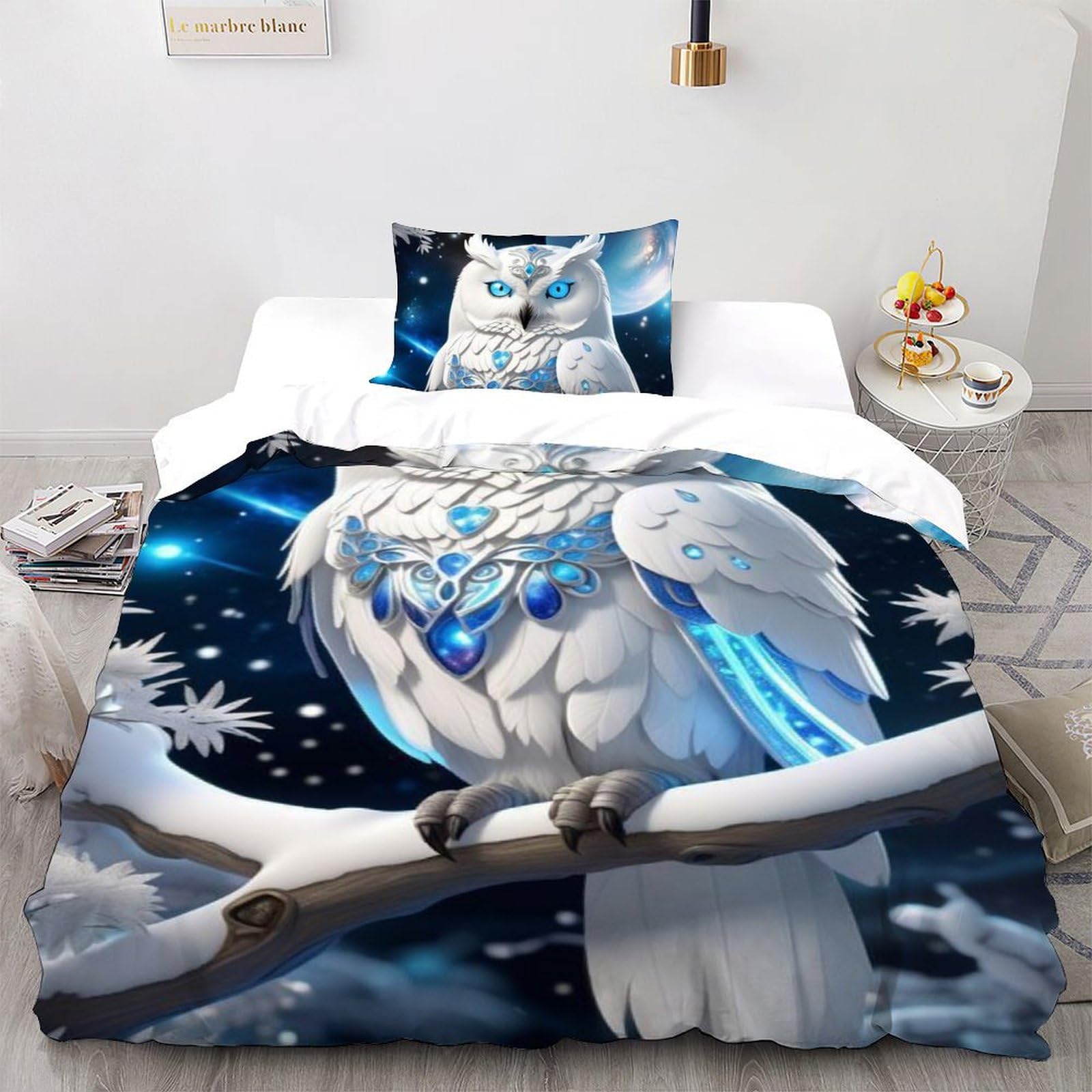 Ensemble d'impression 3D Bleu ciel étoilé La Chouette parure de couette 100% coton single 135x200cm