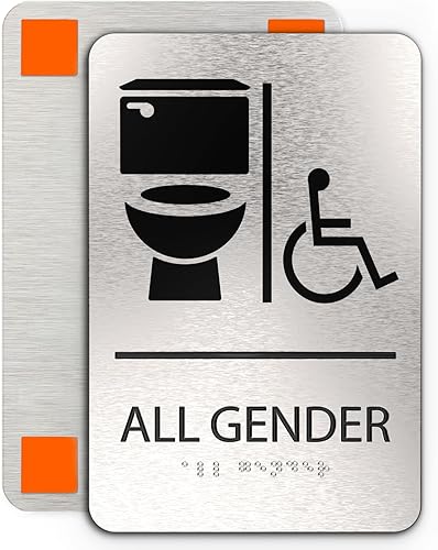 Miniatura 17 de ADASigns - Letrero unisex para baño, aluminio cepillado duradero de 6 x 9 pulgadas con Braille, fácil instalación con cinta adhesiva fuerte, Baño
