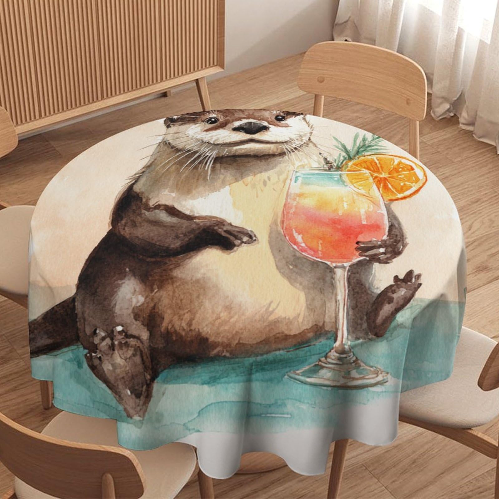 LUYYSKY Cute Retro Otters Waterproof Round Tablecloth Realistic Oil Painting Summer Ocean Animals Otters Pattern Washable Table Cover for Kitchen-60 Wx60 L