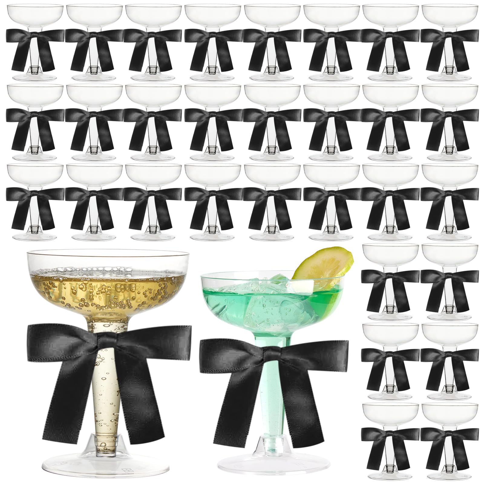 WJXCYGG 30 Set 5 Oz Acrylic Martini Glasses With Satin Ribbon Bow Decor Unbreakable Cocktail Glasses for Wedding Bachelor Birthday Party Martini Margarita Cocktail Dessert (black)