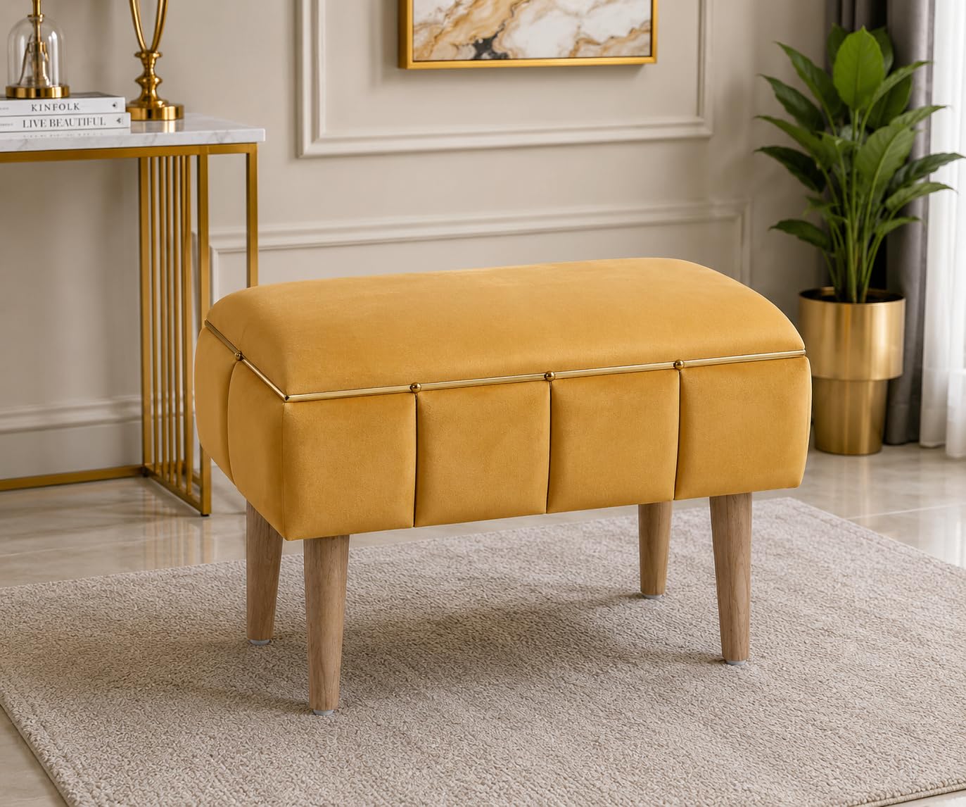 velvet upholstered rectangular ottoman bench with wooden legs & gold accent strip | multipurpose footrest & seating stool for living room, bedroom & dressing area | 60x45x30 cm | yellow