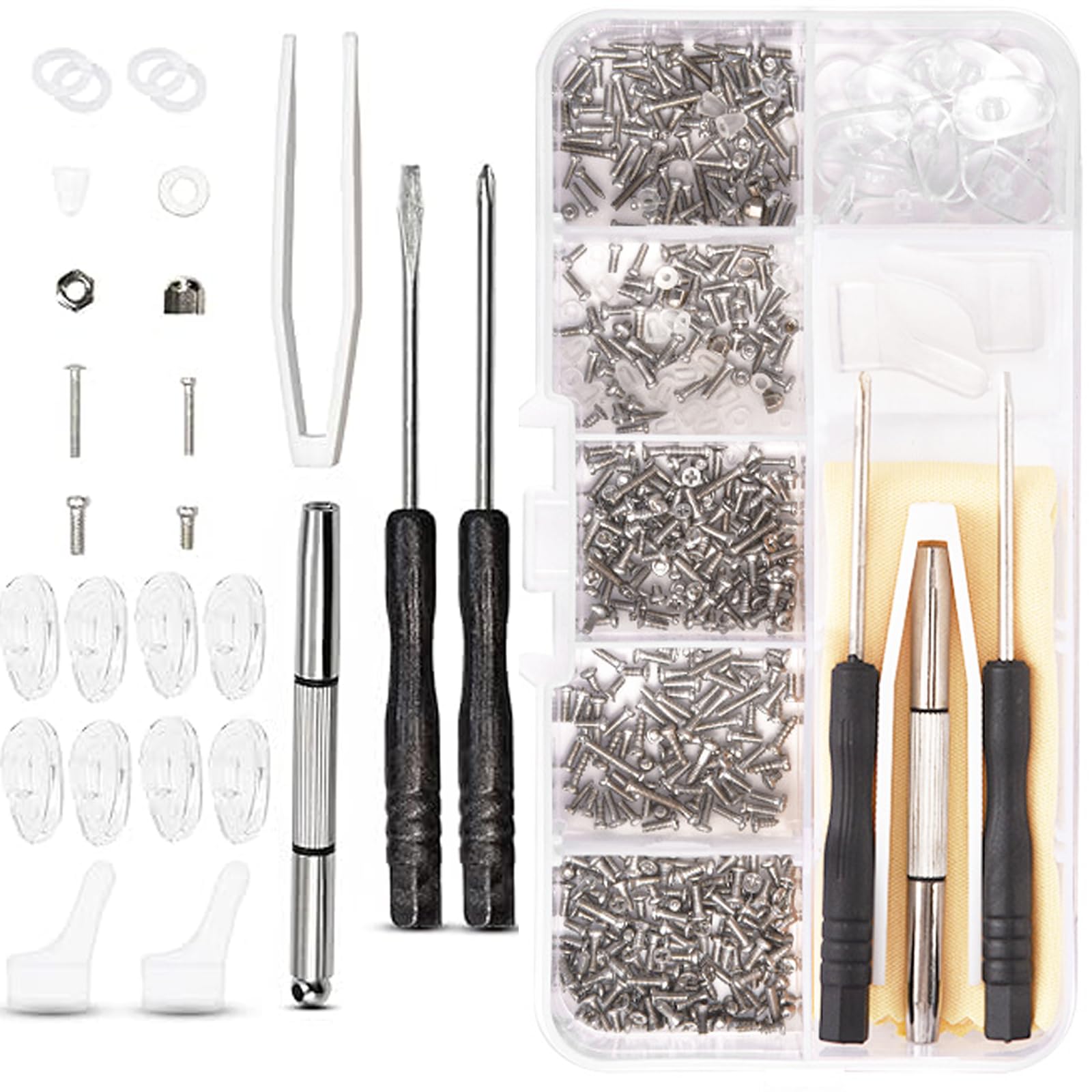 Glasses Repair Kit, 1000 Pcs Glasses Screws Repair Kit with Screwdriver, Spectacle Repair Kit with Nose Pads, Tweezers & Case for Eyeglasses Sunglasses and Reading Glasses