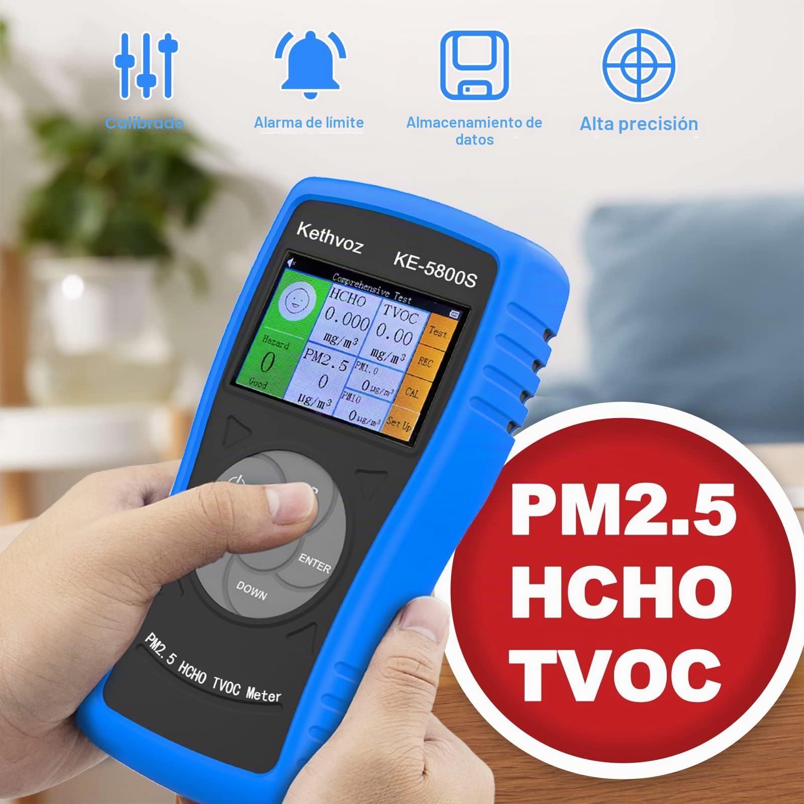 Medidor Calidad Aire Profesional, Kethvoz Detector de Gas Interiores Medir PM2.5/10 Formaldehído HCHO y TVOC, Analizador de Gas Digital con Registro de Datos y Calibración KE-5800S