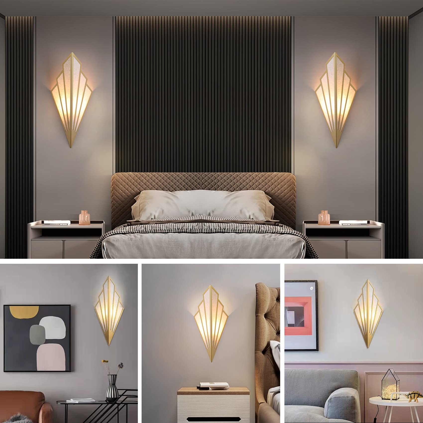 Lampara de Pared Interior Forma Abanico, Aplique Pared Dorado con Portalámparas E14 para Salon, Dormitorio, Mesita de Noche, Pasillo, Escaleras
