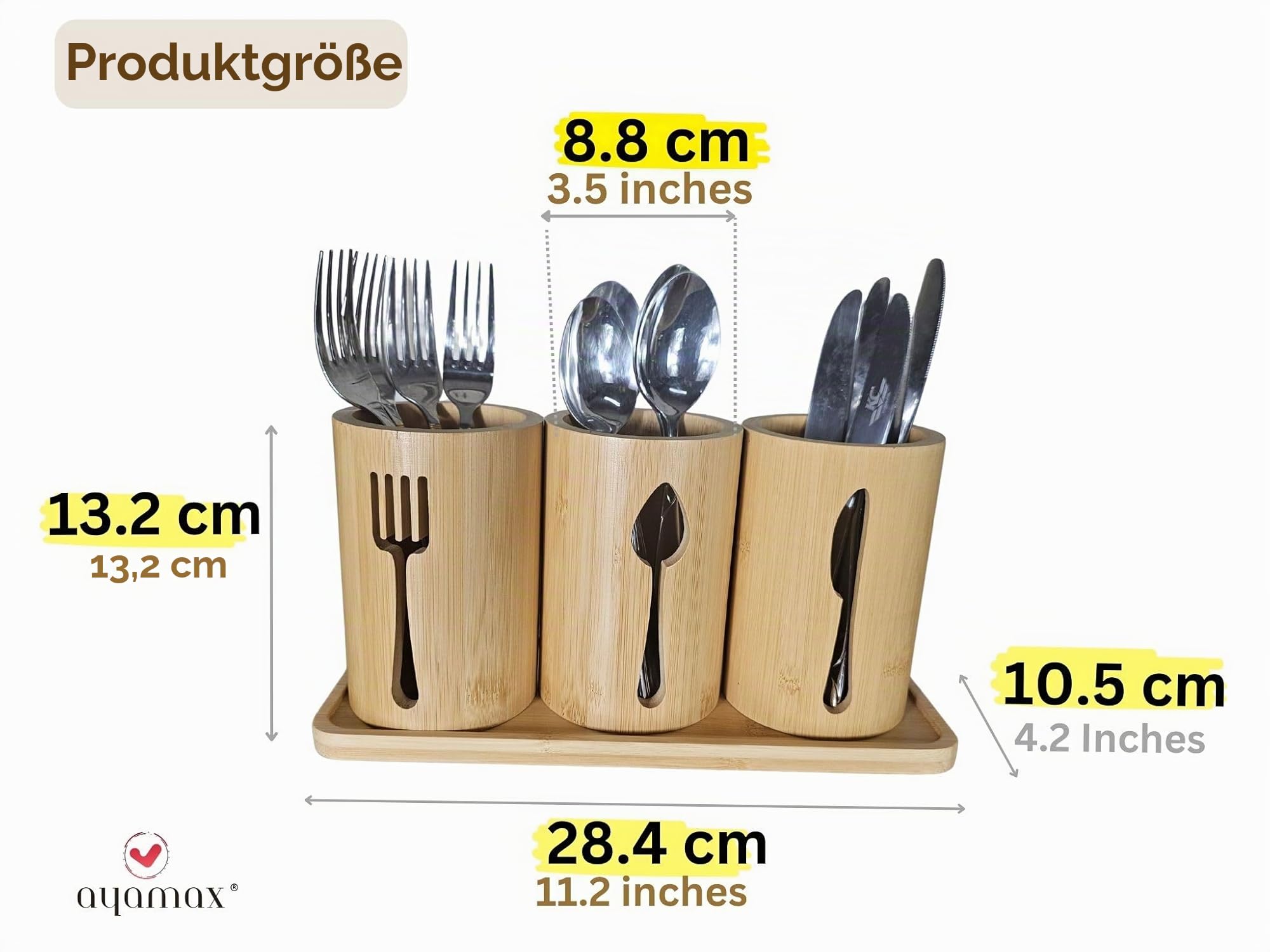 Bambus-Besteckhalter-Set – 3 Küchenutensilienhalter Besteck-Organizer mit Bambus-Tablett | Dekorativer Küchen-Arbeitsplatten-Besteckständer | Utensilienhalter – Messer-, Gabel- und Löffelhalter