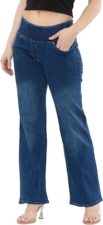 MYT Women s Elasticated High Waist Wide Leg Jeans   Tummy Control Stretch Denim Comfortable Pull-On Fit All Waist Leg Sizes UK 10-24