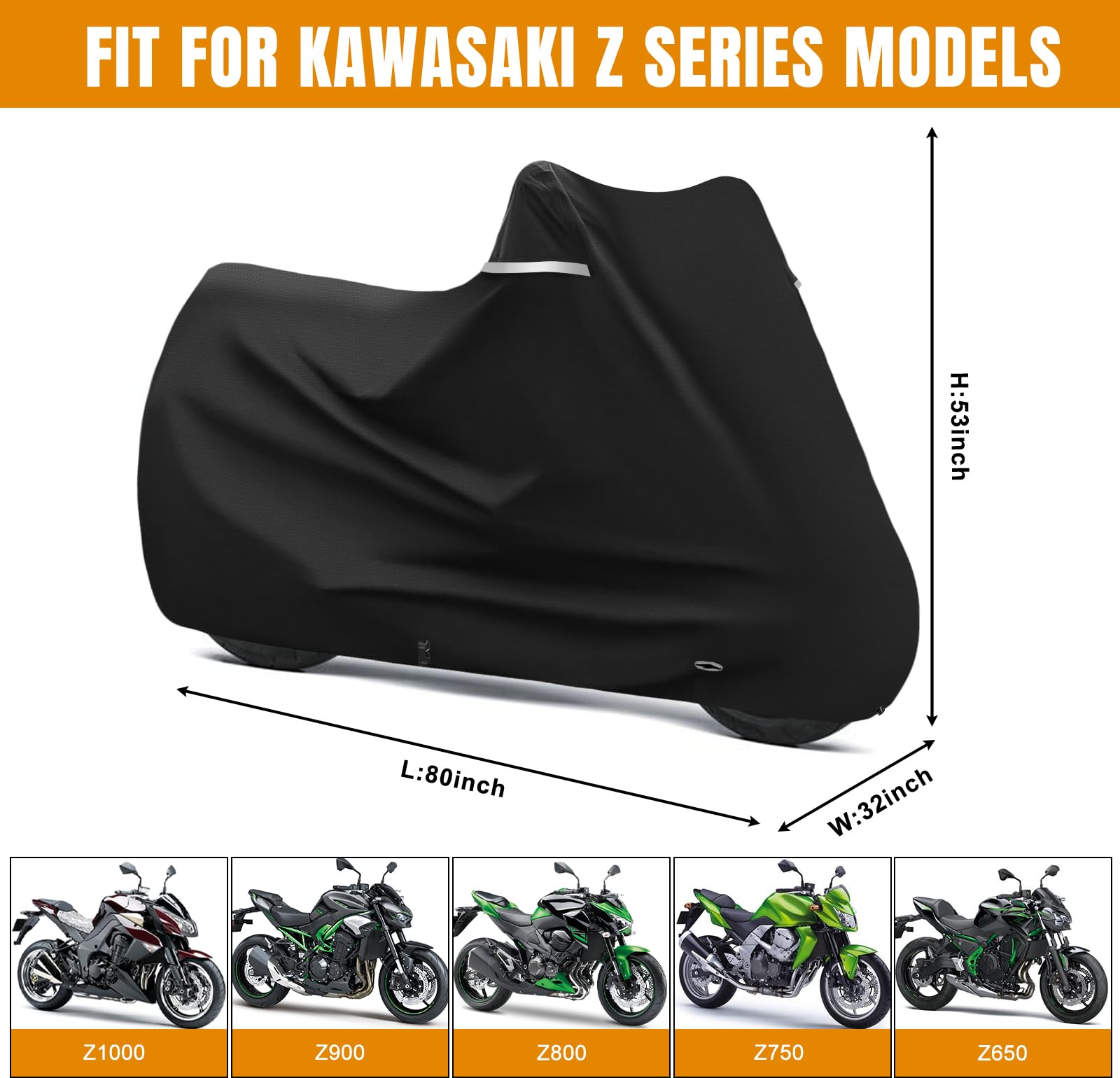 Motorradabdeckung Outdoor für Kawasaki Z650 Z900 Ohne Kofferraum, Schwarz | Wasserdicht wetterfest Motorrad Abdeckplane Abdeckung, 420D Oxford-Stoff Motorrad Abdeckung Plane