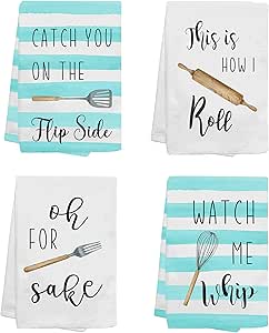 KamaLove Funny Housewarming Gifts - Kitchen Towels and Dishcloths Sets of 4 - Decorative Dish Towel, Waffle Towel, Hand Towel, Tea Towel - Gift for Housewarming, Wedding Shower Kitchen Decor New Home