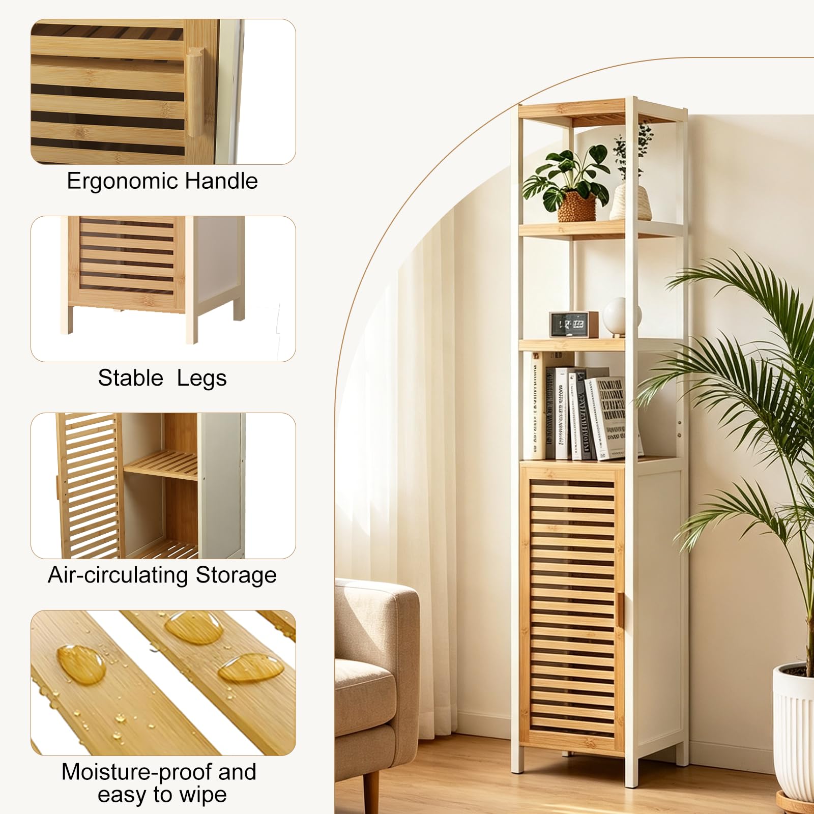 Badezimmerschrank Schmal, Badregal Bambus mit 3 Offene Fächern und Schrank, Hochschrank Bad 33x33x165cm, Toilettenschrank für Badezimmer, Wohnzimmer, Küche