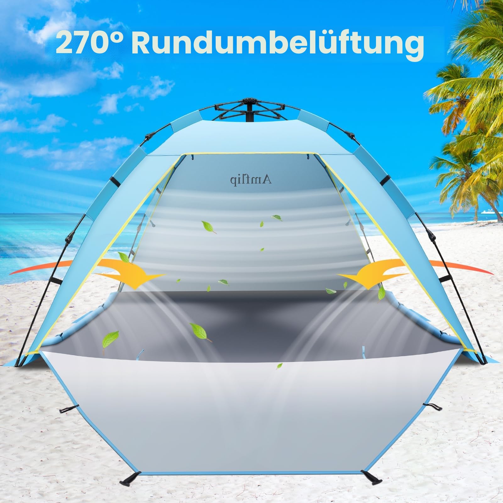 3-4 Person Instant Strand Zelt Pop Up Automatisches Strandzelt, Extra großes Tragbar Strandmuschel mit 3 erweiterbare Türen, UPF 50+ Easy Setup Sonnenschutz für Picknick, Strand,Familien