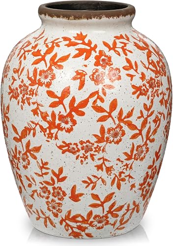 8.2 inch Vintage Ceramic Vase, Rustic Farmhouse Floral Vase, Ceramic Large Chinoiserie Vases for Spring Home Decor Living Room Bookshelf Office Desk Dining Table (Orange & Beige)