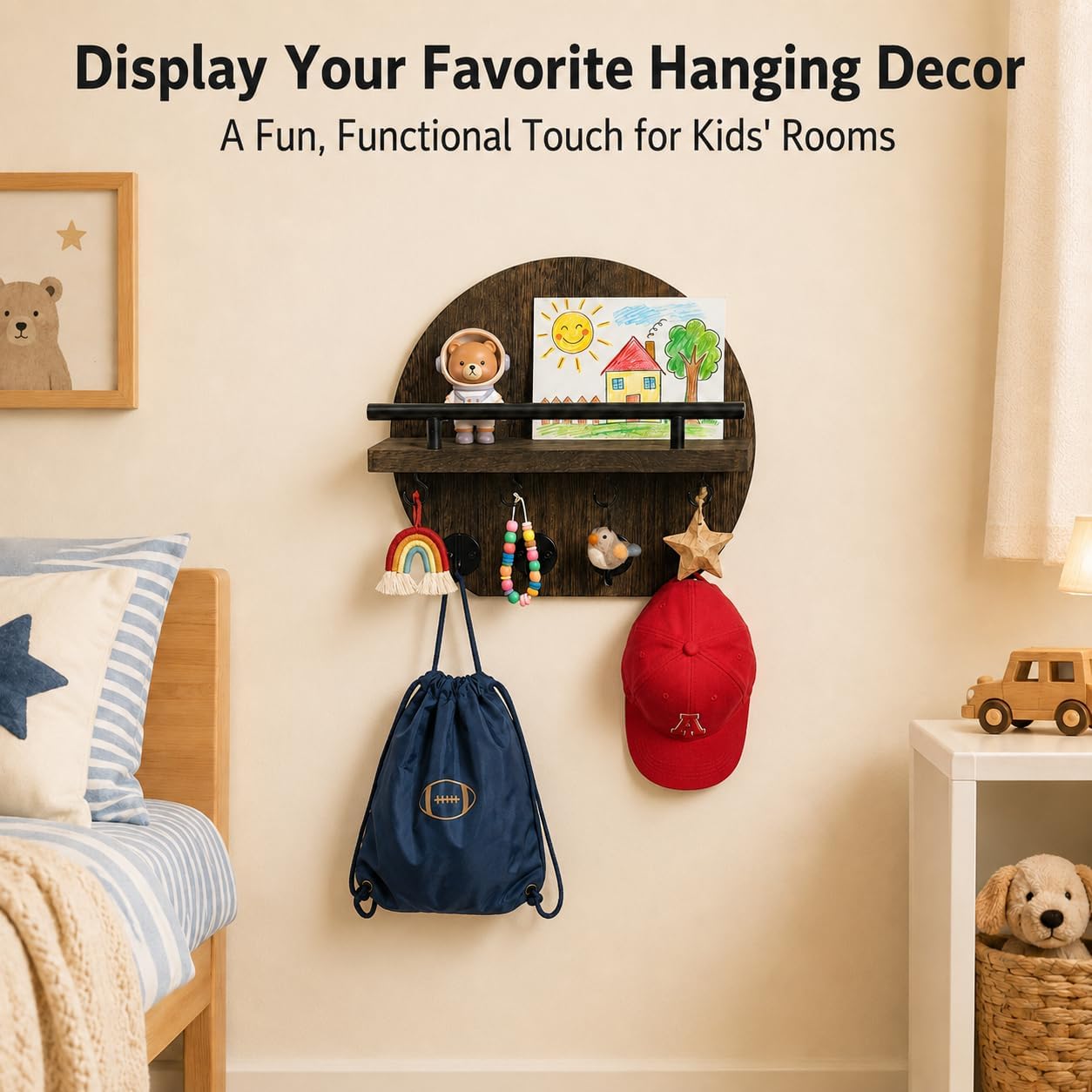 Half Round Wooden Key Holder Wall Mount with Shelf, Mail Organizer, 8 Hooks