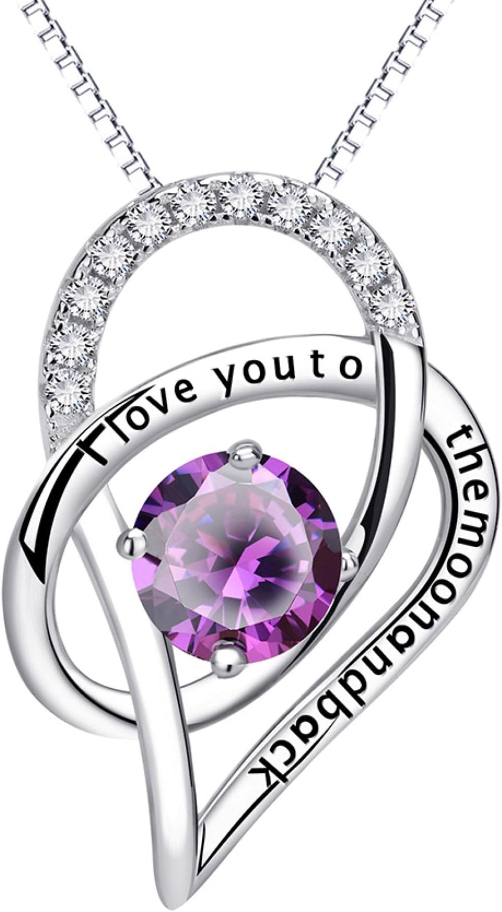 Sterling Silver I Love You to The Moon and Back Heart Pendant Necklace (Silver Purple)