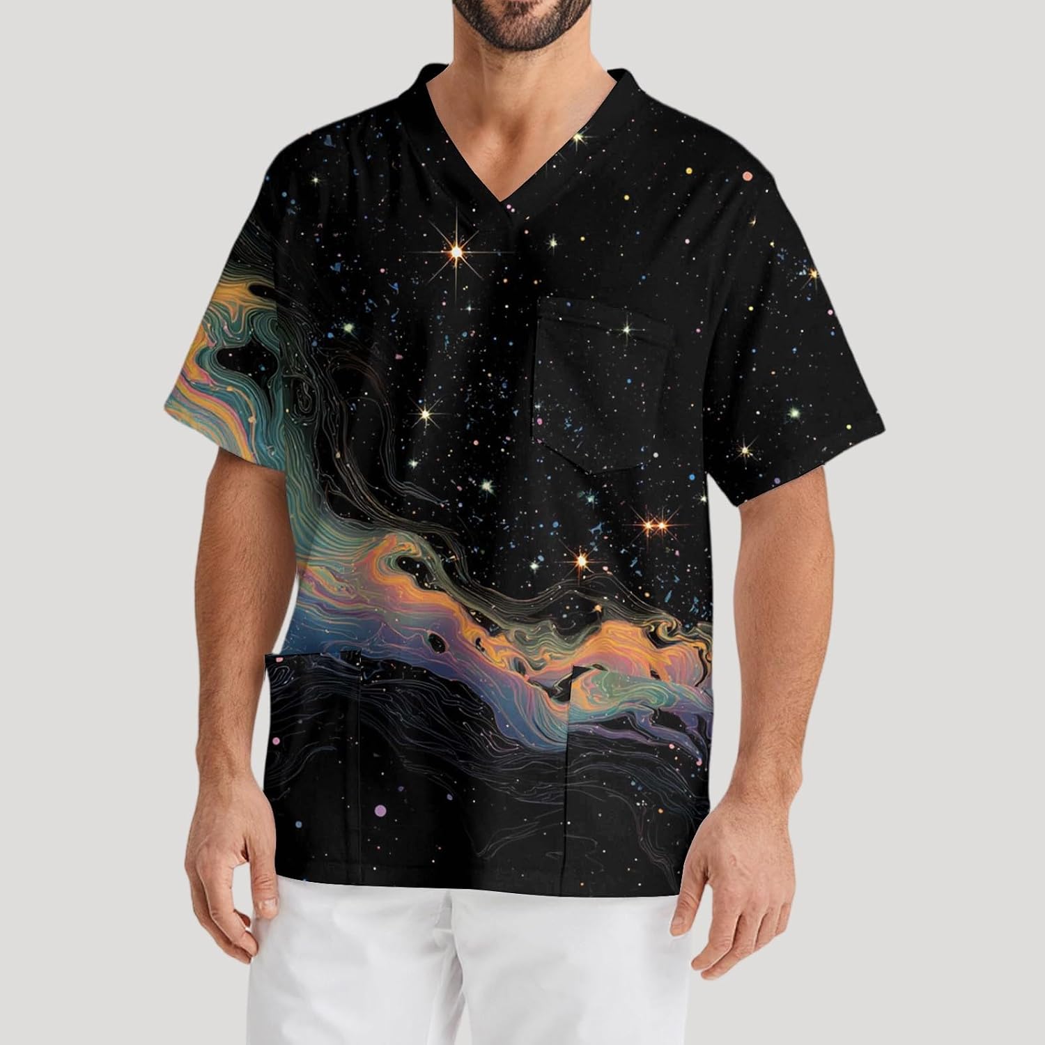 Men's Camo Scrubs Top V-Neck Short Sleeve Athletic Fit Uniform Scrub Shirt with Pockets
