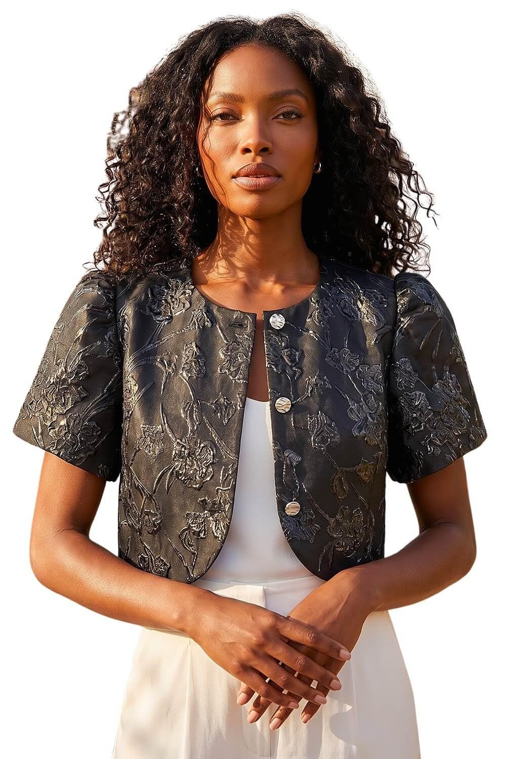 Roman Originals Women's Black Brocade Puff Sleeve Jacket For Uk - Everyday Autumn Winter Round Neckline Comfy Soft Evening Vacation Work Party Night Out - Size 12