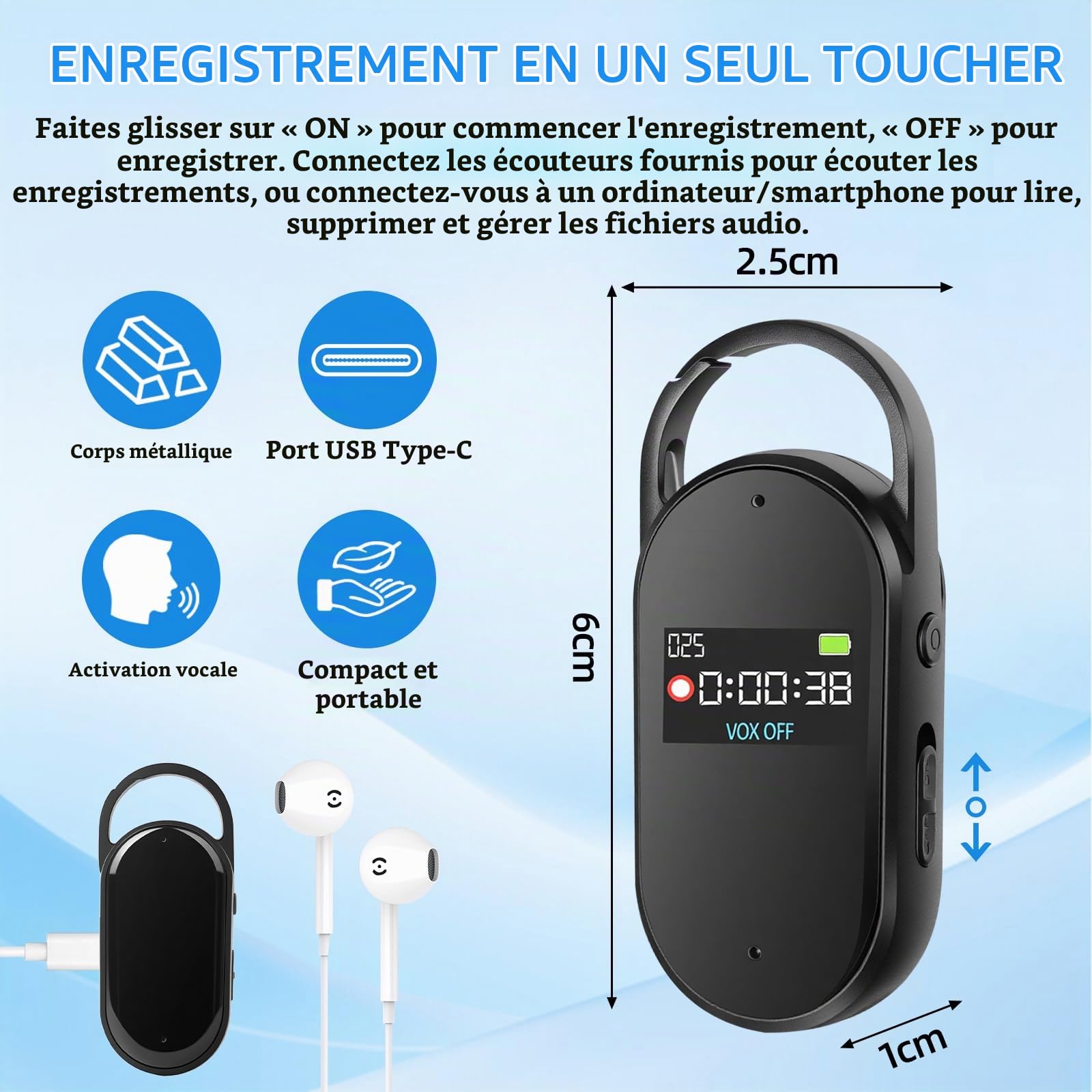 64 Go Enregistreur Vocal - Portable Mini Enregistreur Audio Numérique Professionnel avec Activation Vocal et MP3, Design en Clé, AGC Réduction du Bruit, Cours, Réunions, S29