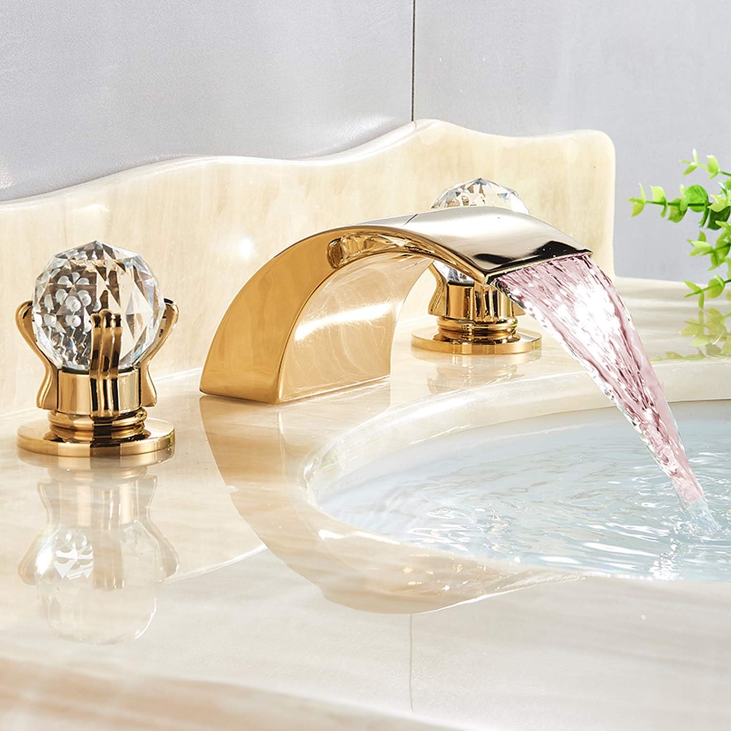 NeierThodore LED Widespread Bathroom Faucet Waterfall Gold Polished