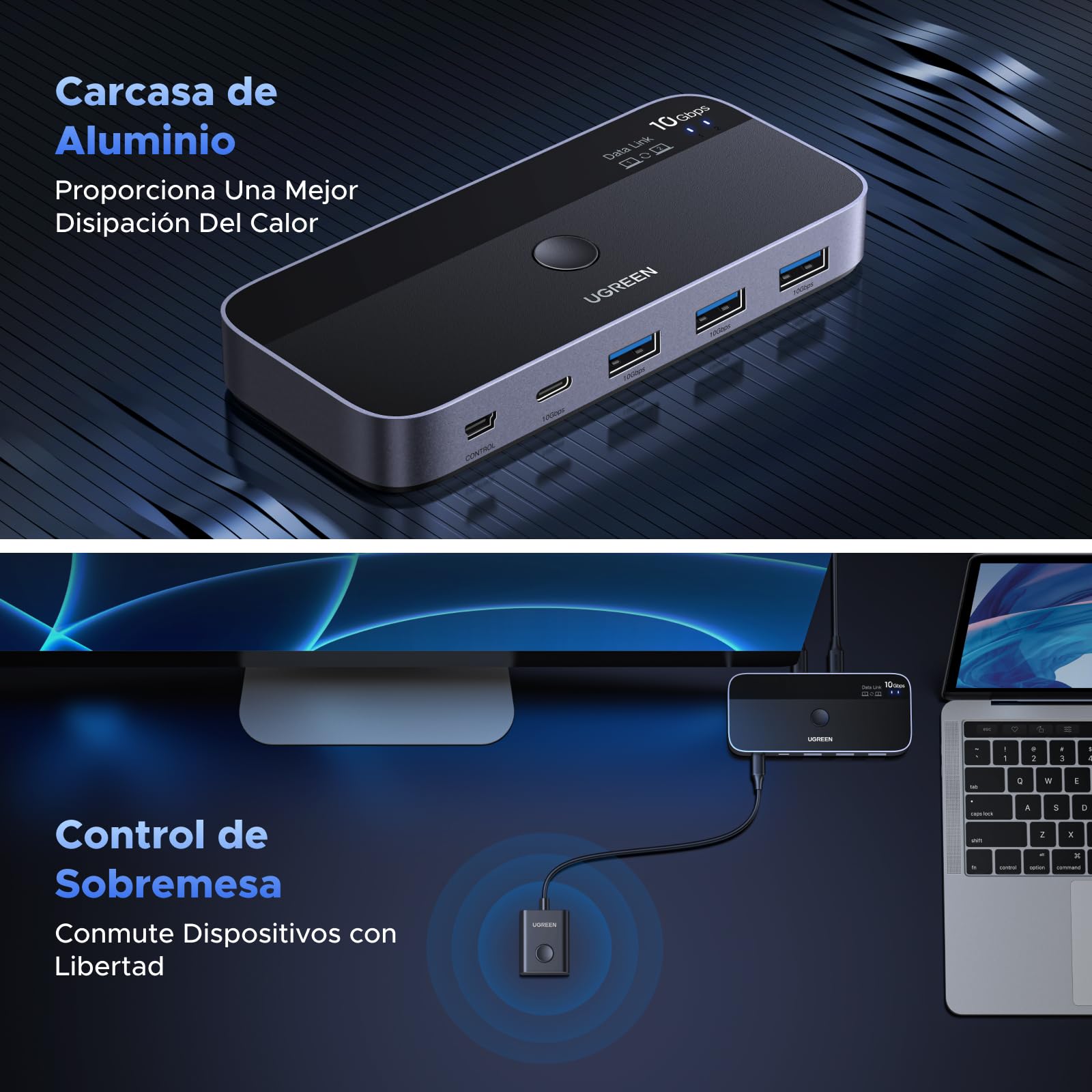 UGREEN Switch USB C 3.2 10Gbps Comutador KVM Puertos para 2 PC Entradas 4 Salidas Sincronización de Archivos para Teclado Ratón con Controlador del Escritorio e Incluye Cables