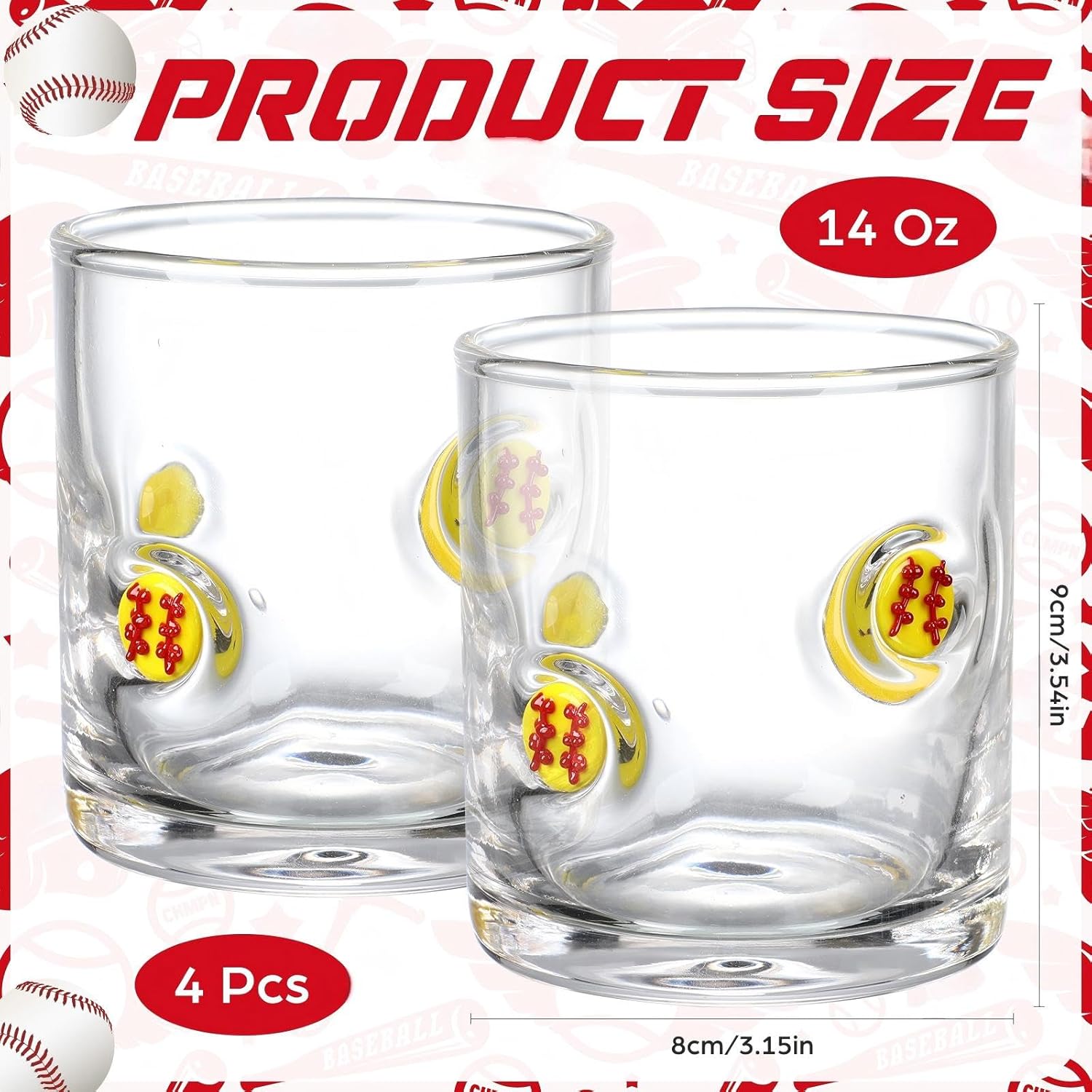 SiliFine 4 Pack Softball Icon Glass Cups 14oz Icon Juice Glasses Double Old Fashioned Hand Blown Stemless Wine Glasses Reusable Drinking Cup for Birthday Sport Party Gifts Supplies (Softball)