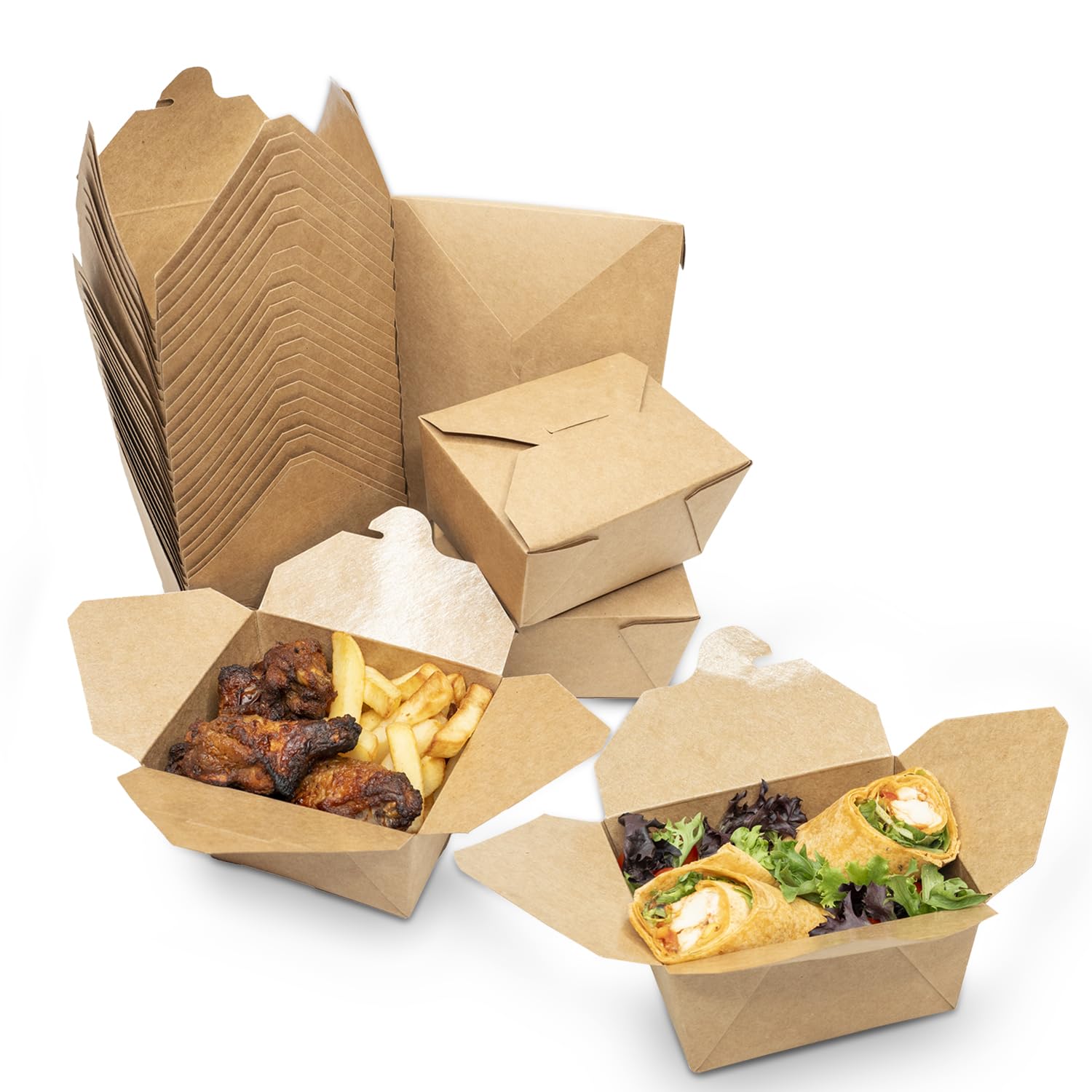 50 x Brown Cardboard Takeaway Food Boxes Eco-Friendly Biodegradable (L130/113 x W108/91 x H65mm - 850ml/28oz), Leak-Proof & Freezer Safe Kraft Deli Containers For Lunch On The Go Or Party leftovers