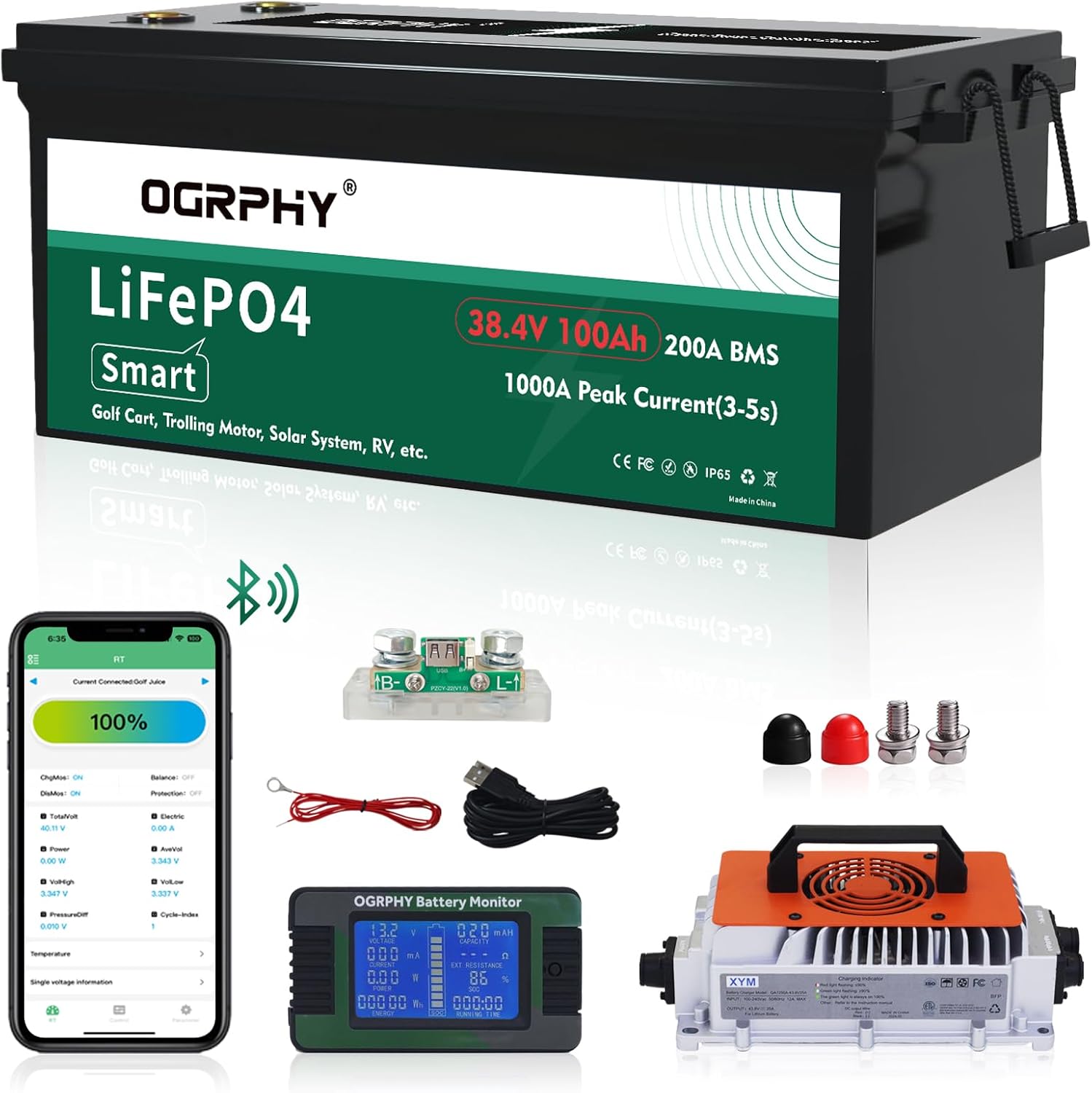 36V LiFePO4 golf cart battery with 200A BMS and LCD