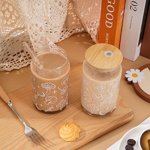 Miniatura 5 de Whaline Paquete de 2 vasos mágicos de hongos para beber vasos de 16 onzas con hojas de hongo, taza de café helado con tapa de bambú, cepillo de
