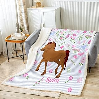 Girls Horse Throw Blanket Kids Cartoon Farmhorse Floral Fleece Blanket for Bed Sofa Couch Toddler Baby Girl Pink Blue Stripe Sherpa Blanket Spirit Horse Animal Fuzzy Blanket Room Decor Throw 50