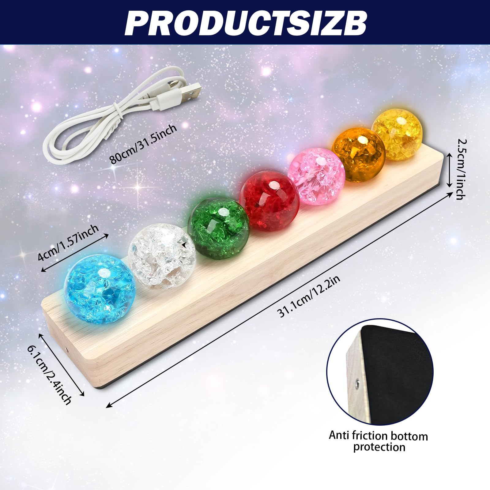 Kryształowa kula nocna 3D, 7 kolorowych szklanych kryształowych kul z drewnianą podstawą LED, 40 mm, kryształowe kule lodowe, kula lecznicza, szklana kula, kryształowa kula, lampka nocna, ornament