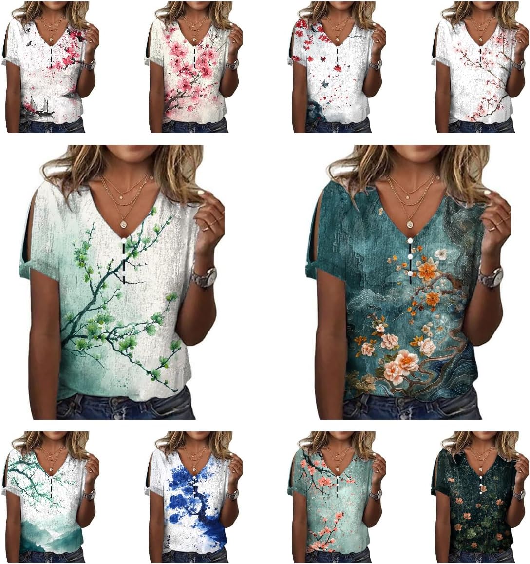 Japanese Art Women Tops 2025 Summer Holiday Short Sleeve Cold Shoulder V Neck Button Casual Blouses - Image 3