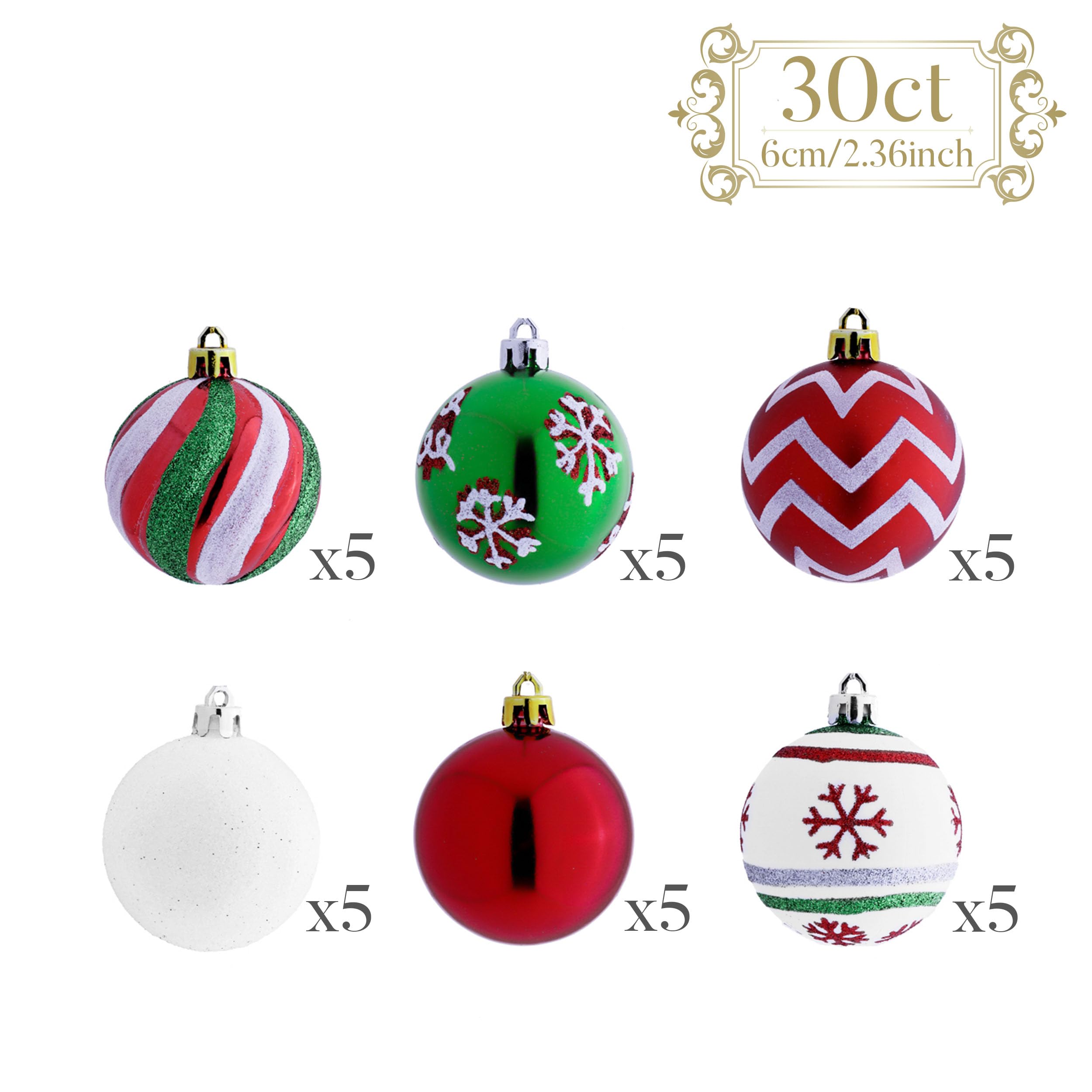 Valery Madelyn Boule de Noël incassable 30 carats 60 mm Rouge Vert Blanc Décoration de Noël à thème avec jupe de sapin (non incluse)