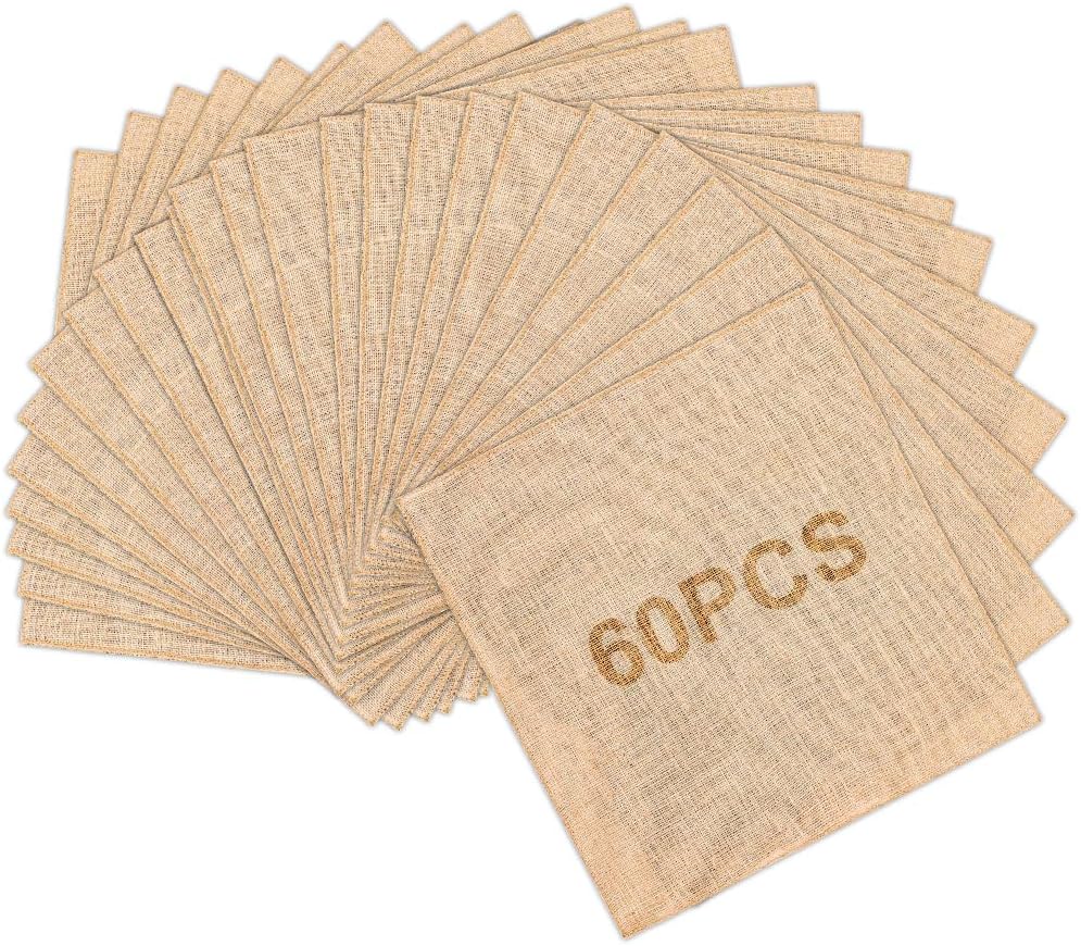 60 Pieces 6 x 6 Inches Burlap Squares Jute Burlap Multipurpose Natural Fabric Placemats Farmhouse Centerpiece Gardening Braided Crafts for Home Party Wedding Table Cover Craft Supplies