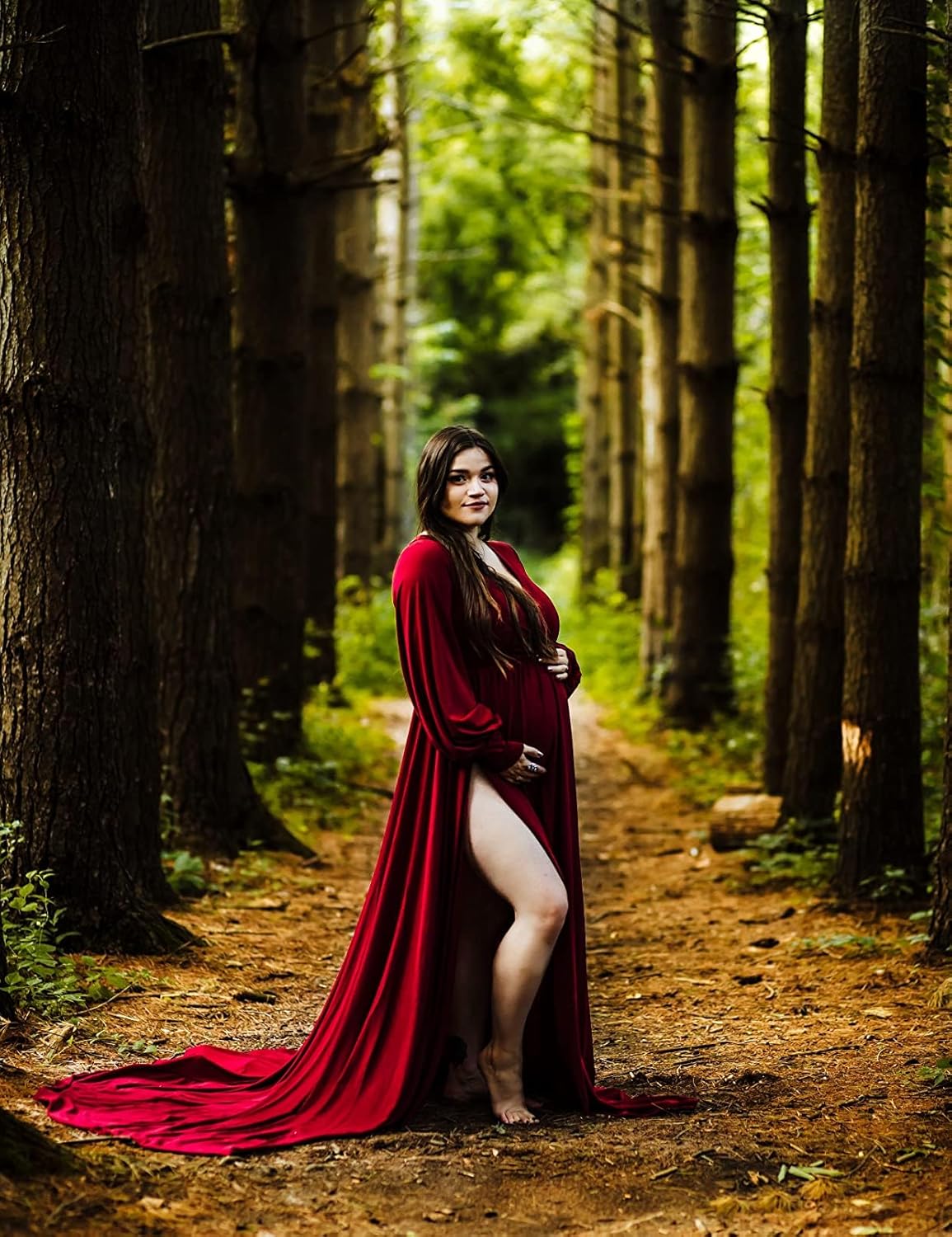 Maternity Gown Bishop Sleeves Baby Shower Dress Wrap Side Slit Sweetheart Maxi Photo Shoot for Photography - Image 3