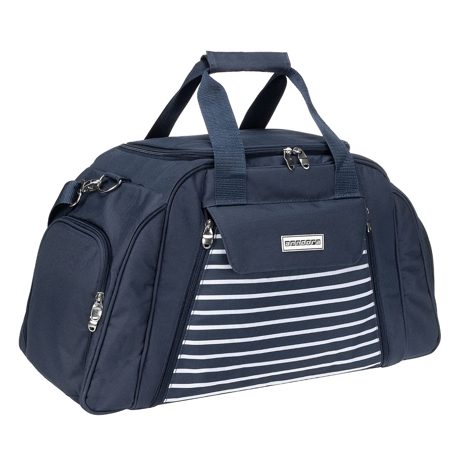 anndora Picknicktasche mit Kühlfach Navy blau weiß gestreift 29 Teile 4 Personen