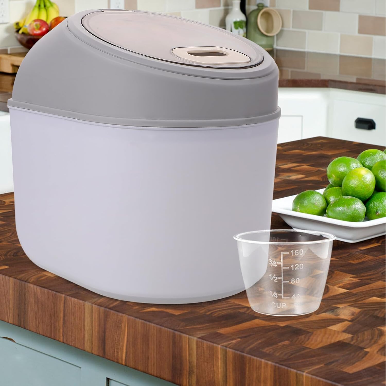 VICASKY Airtight Rice Storage Bin Large Capacity 15lb Gray Plastic Grain Bucket with Flip Lid for Kitchen Pantry Food Organization